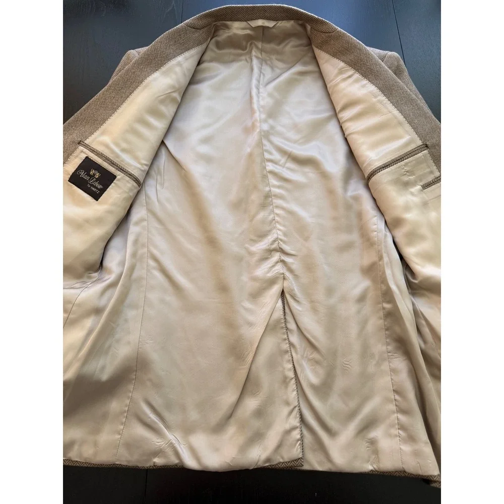 Alan Lebow Herringbone Sport‎ Coat Mens 44R Tan Wool Cashmere Blazer Jacket